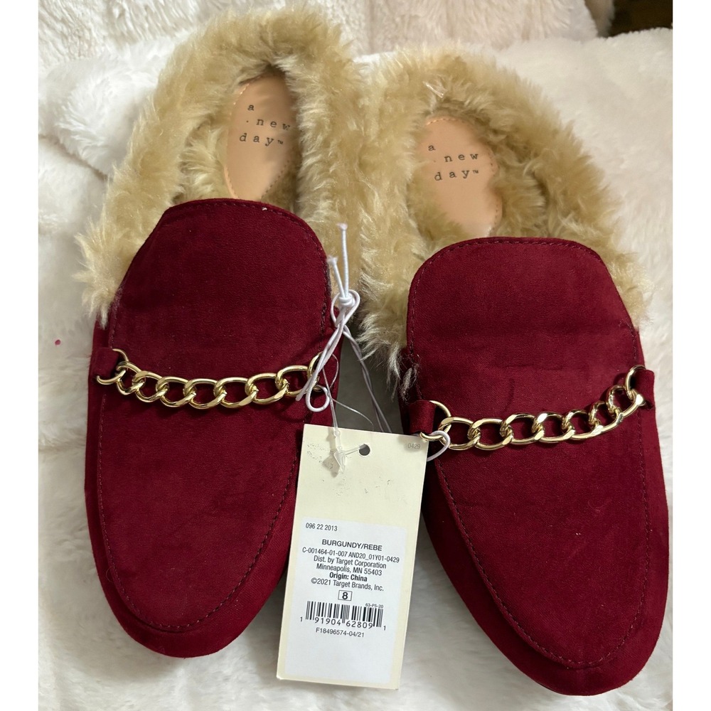 A New Day Burgundy Faux Suede Fur Lined Chain Mule Loafers Womens 8 Red Flat